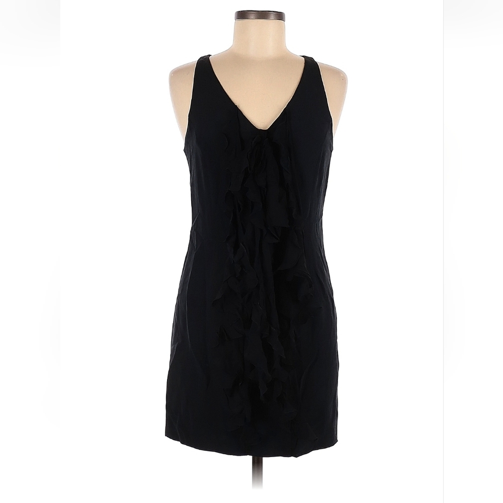 Valentino Night Black Dress White Detail  Silk V Neck Size 6